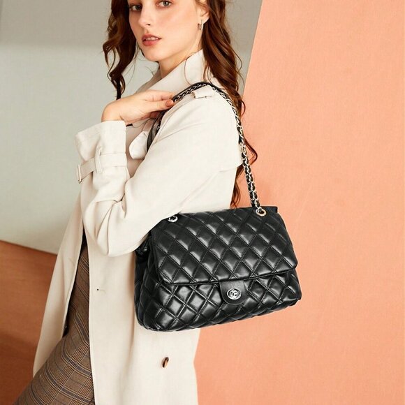 Black Elegant Women's Large Capacity Rhombic Pattern Crossbody Bag - Picture 3 of 12